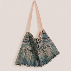 Y2K American Eagle Denim Ruffle Skirt Tote – Upcycled Indie Grunge Handmade Bag